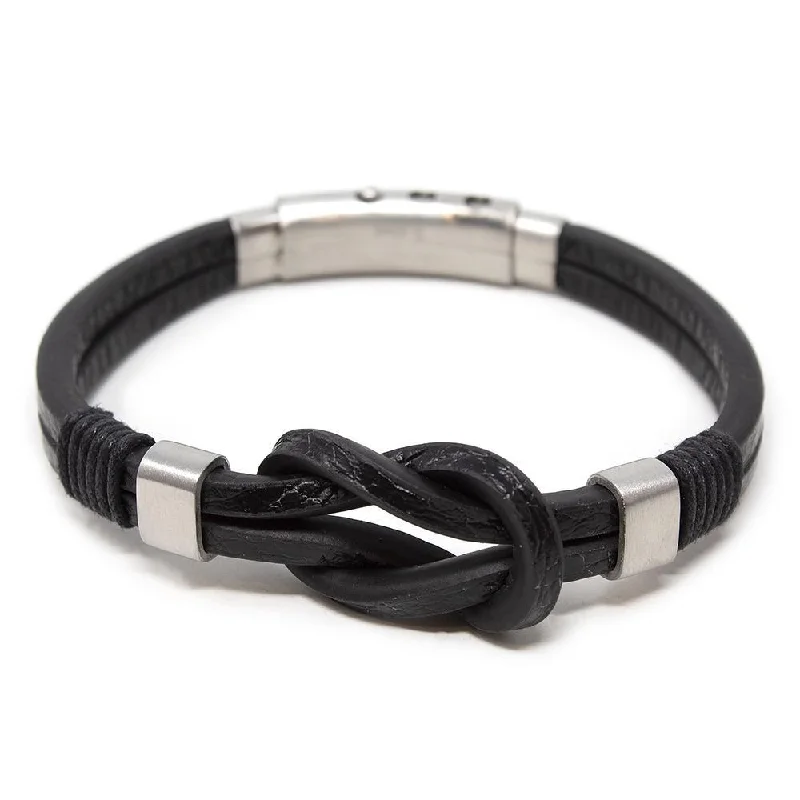 women boho bracelets -Stainless Steel With Knot Leather Bracelet Black