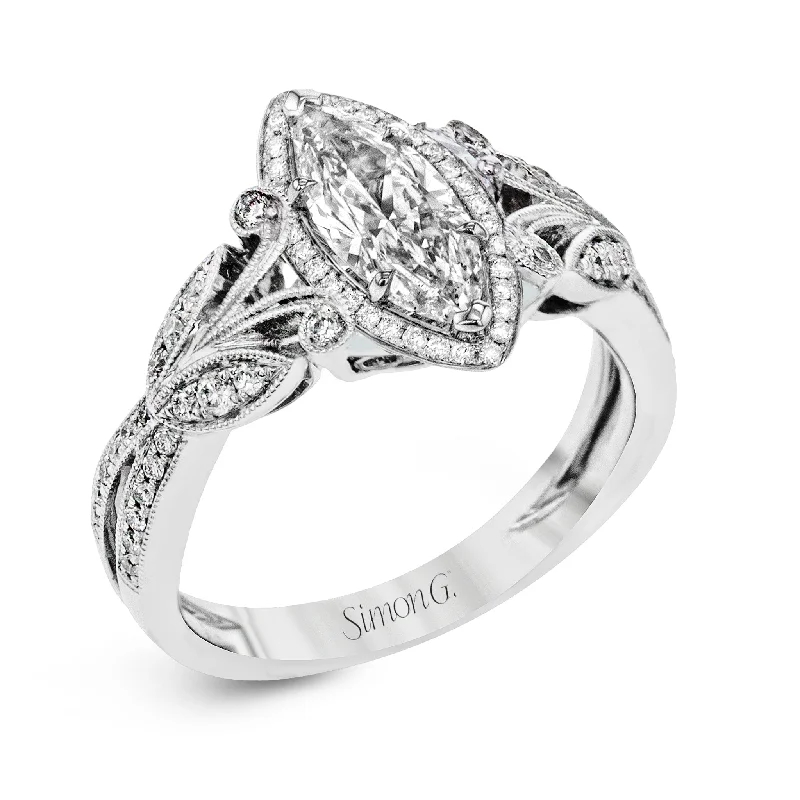 women solitaire engagement rings -Marquise-Cut Halo Engagement Ring In 18k Gold With Diamonds