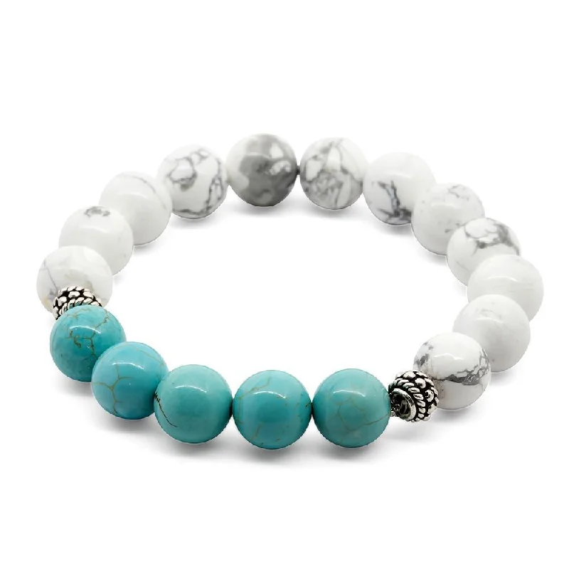 women diamond bracelets -W Howlite/Turquoise Stretch Bracelet with Two 925 Sterling Silver Bead