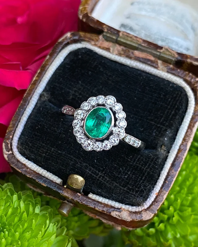 women luxury rings -Emerald and Diamond Cluster Platinum Ring 0.35ct + 0.60ct