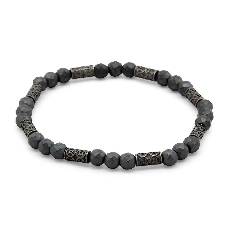 women chunky gold bracelets -Men's Grey Hematite Bracelet with Antique Desing Stations