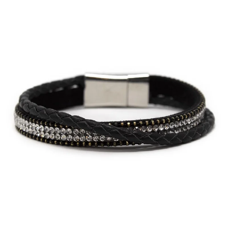 women engraved bangle bracelets -Two Row Black Leather Bracelet with Crystal