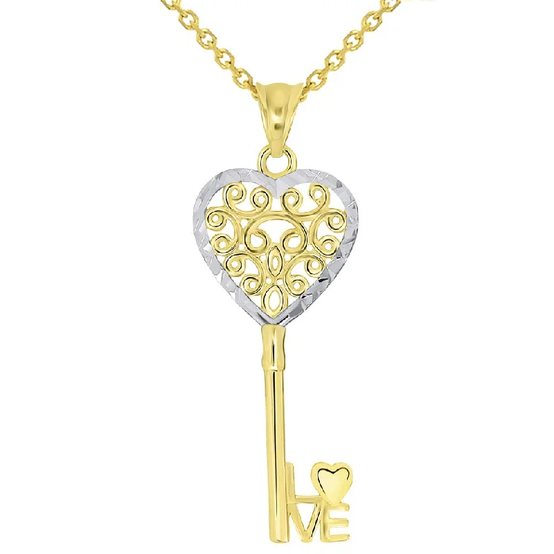 women heart-shaped necklaces -14k Yellow Gold Filigree Two Tone Heart Key with "Love" Pendant Necklace Available with Rolo, Curb, or Figaro Chain