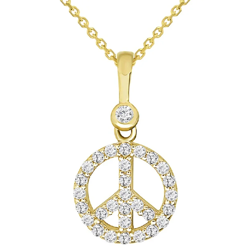 women art nouveau necklaces -Solid 14k Yellow Gold Mini Peace Symbol Charm Pendant Necklace with Cubic Zirconia