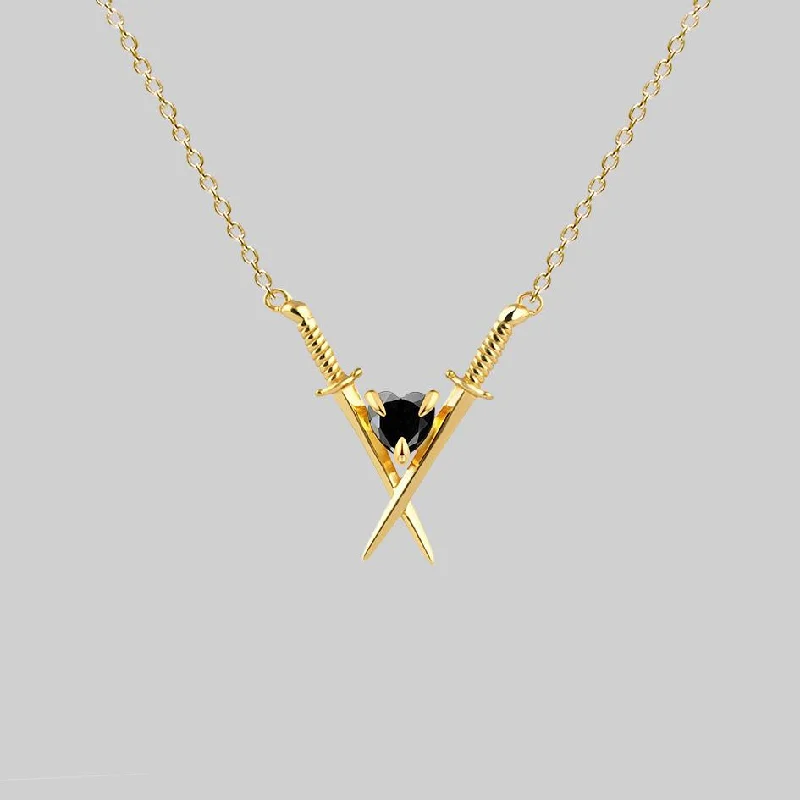 women pendant choker necklaces -ABJURE. Crossed Swords & Onyx Heart Necklace - Gold