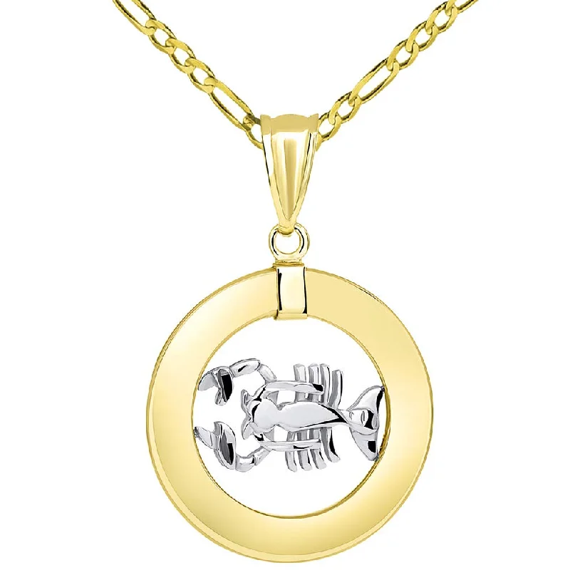 women silver necklaces -14k Gold Open Circle Cancer Zodiac Sign Pendant Figaro Necklace - Two-Tone Gold