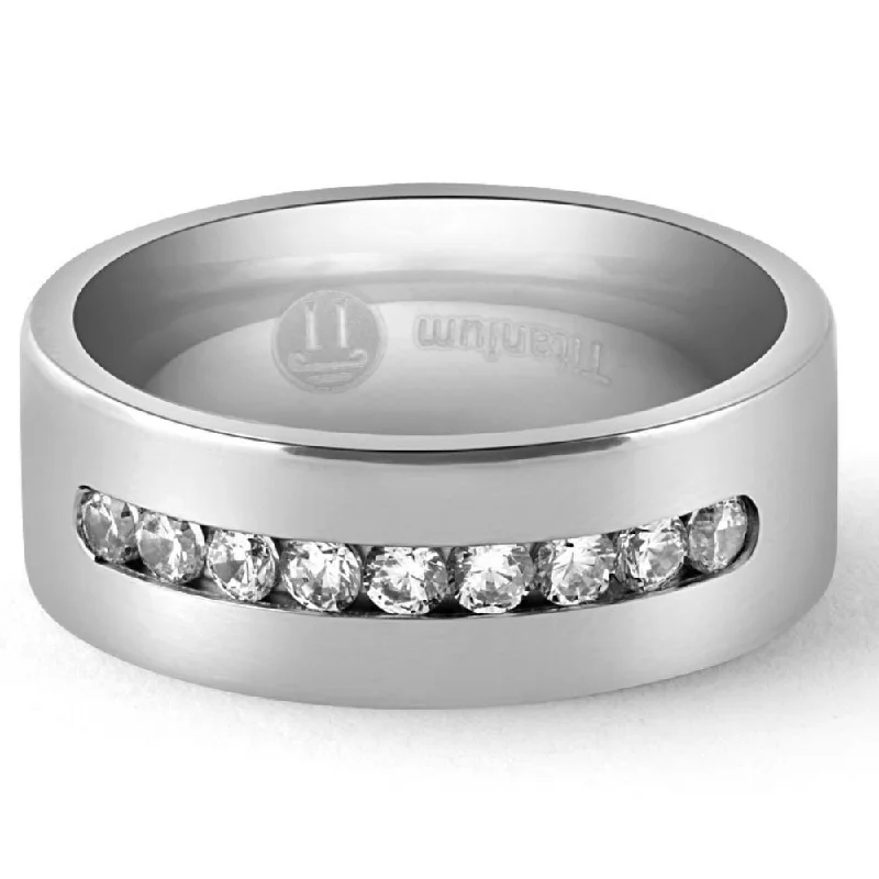 alternative engagement rings -Men's Brushed Titanium 8mm Ring Moissanite Wedding Band