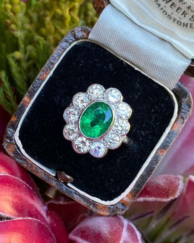 women eternity engagement rings -Victorian Emerald and Diamond Platinum Cluster Ring 1.30ct + 2.0ct