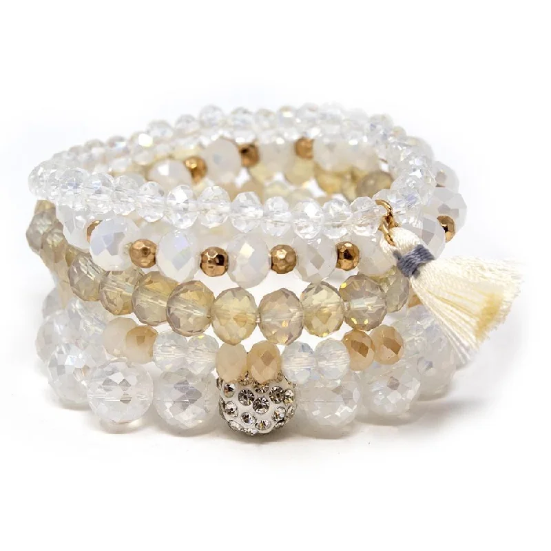 women chunky gold bracelets -Cream Glass Bead Stretch Bracelets with Tassel