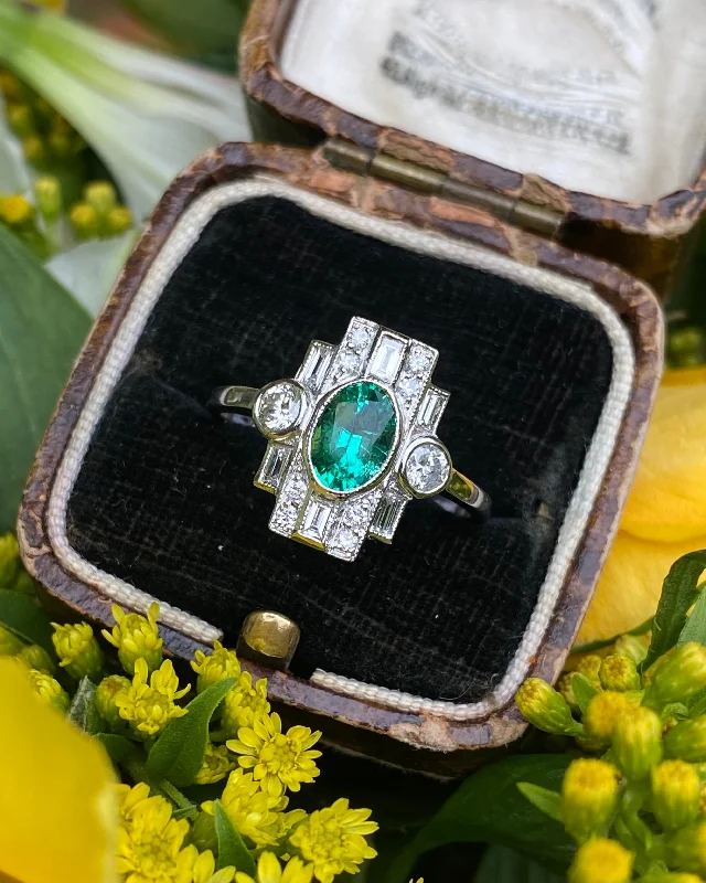 women halo diamond rings -Art Deco Style Emerald & Diamond Platinum Ring 0.60ct + 0.70ct