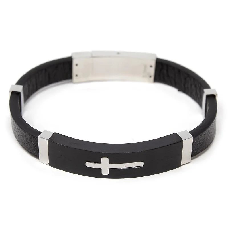 women wedding bangles -Stainless Steel Leather Bracelet Cross Station Black