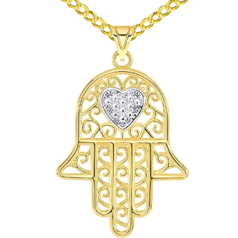 women sterling silver necklaces -Solid 14k Yellow Gold Filigree-Style Hamsa Hand with Heart Pendant Curb Chain Necklace