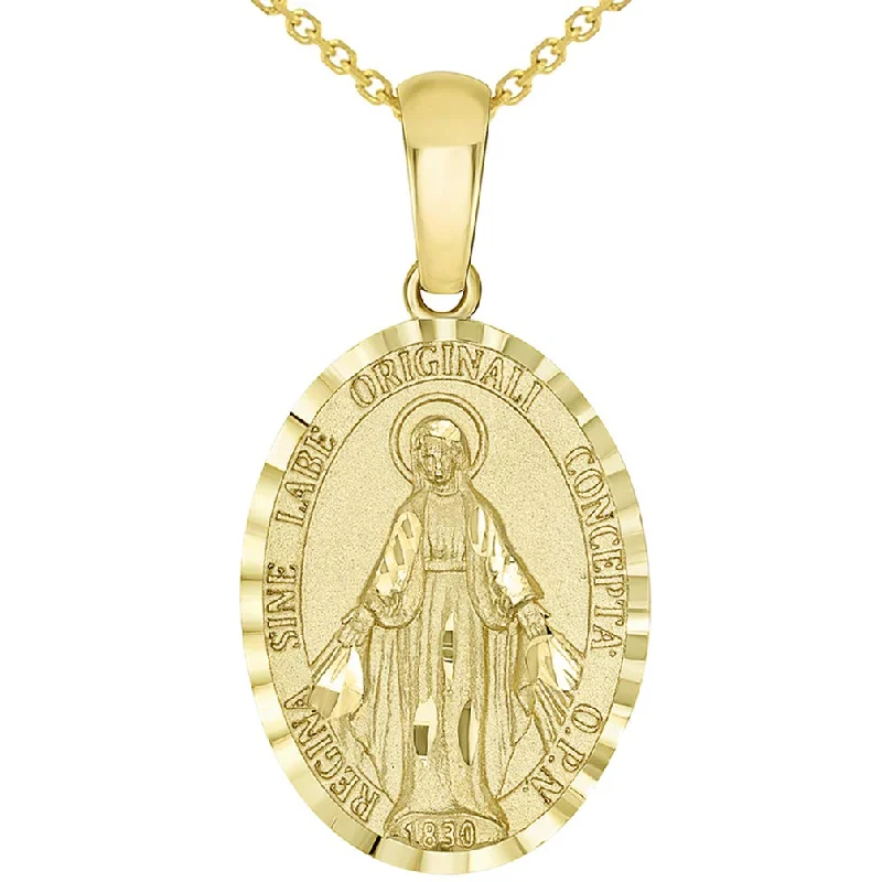 women natural stone necklaces -14k Yellow Gold Traditional Virgin Mary Miraculous Catholic Medal Pendant Necklace Available with Rolo, Curb, or Figaro Chain