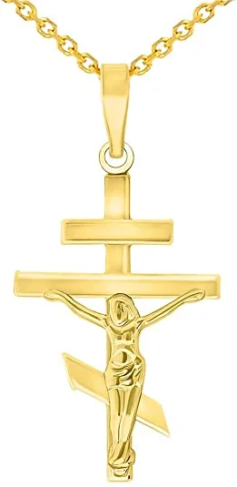 women wedding necklaces -High Polish 14k Yellow Gold Russian Orthodox Cross Crucifix Pendant with Cable, Curb, or Figaro Chain Necklaces