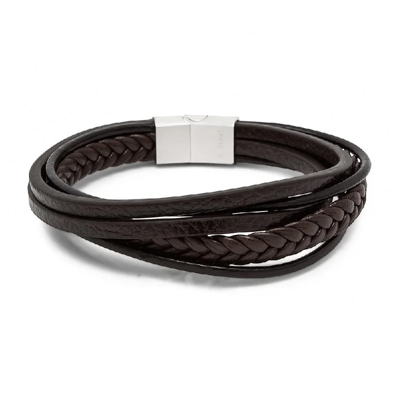 women multicolor bangles -Stainless Steel Multi String Leather Bracelet Brown