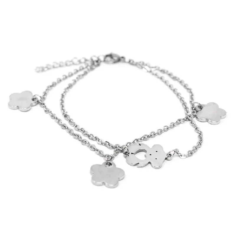 women floral bracelets -Stainless Steel CZ Flower Charms and Bear Bracelet