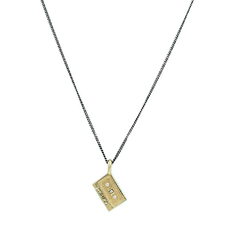 women elegant necklaces -Diamond Accented Yellow Gold Medium Mixtape Pendant & Oxidized Silver Curb Chain