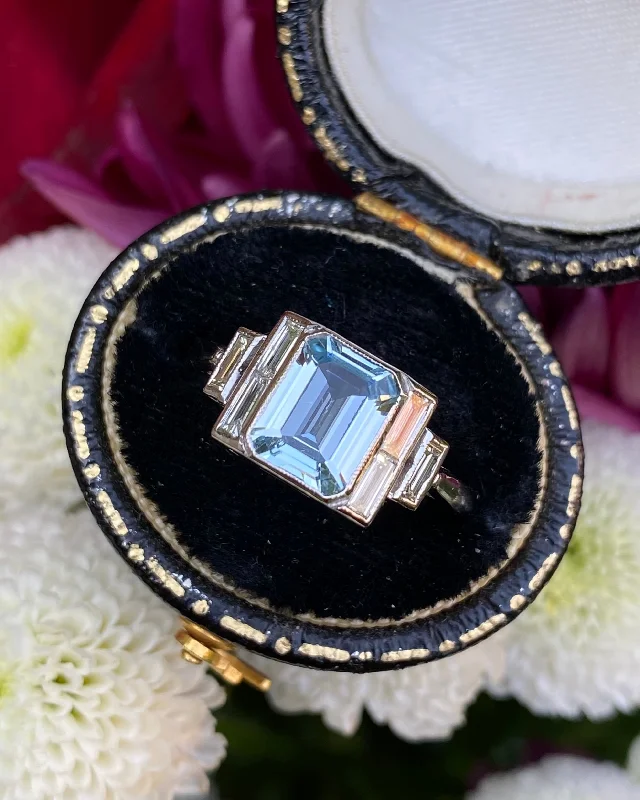 women gold engagement rings -Art Deco Aquamarine and Diamond Platinum Ring 0.40ct + 1.20ct