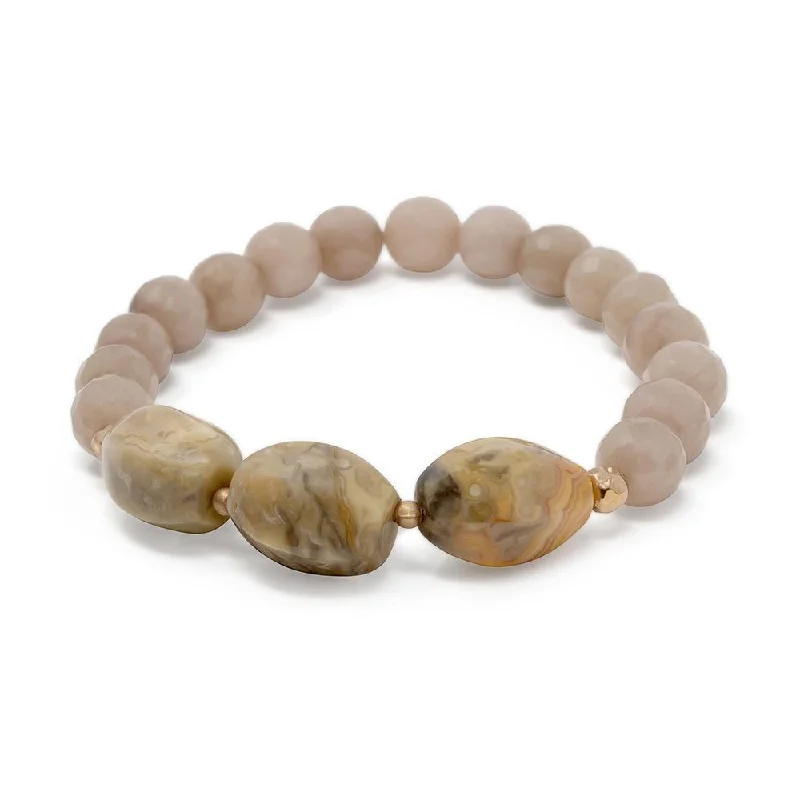 women anniversary bracelets -Beige Stone Beaded Stretch Bracelet with Three Oval Stone