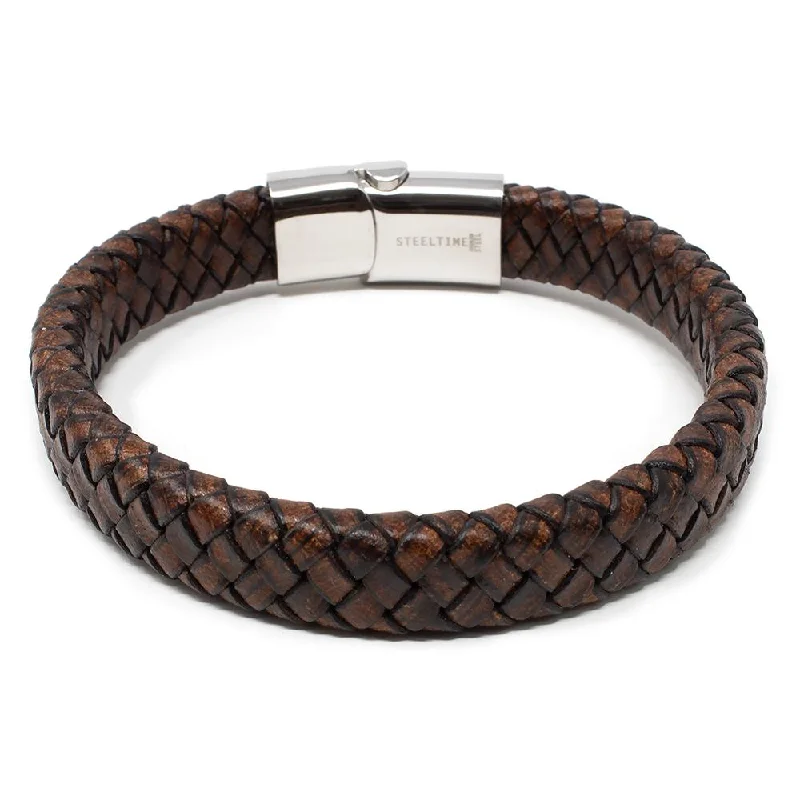 women oversized bangles -Stainless Steel Braided Leather Bracelet Brown