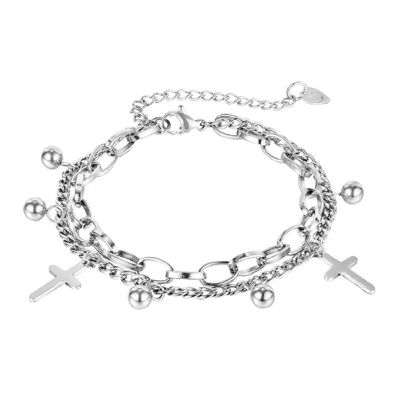 women silver bangles sets -Stainless Steel Cross Charm Layered Bracelet