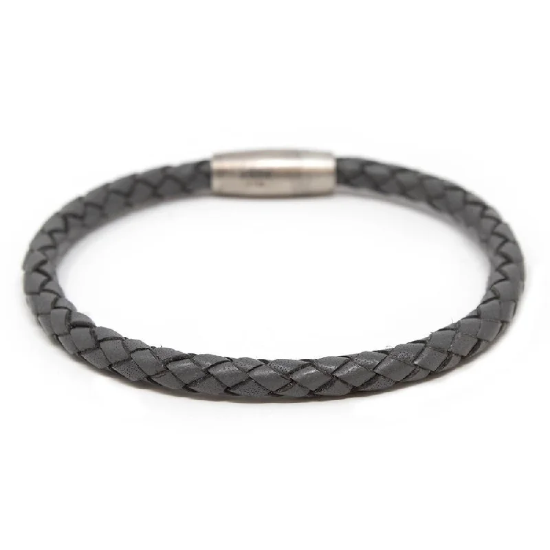 women luxury bracelets -Stainless Steel and Grey Braided Leather Bracelet