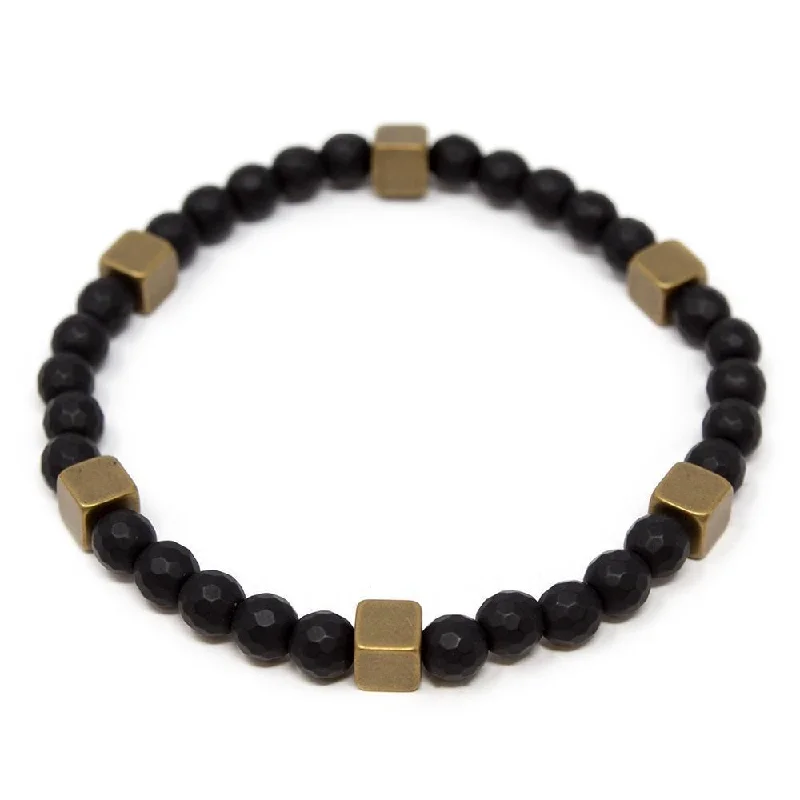 women engraved bracelets -Men's Black Hematite Bracelet with Gold Tone Cube Stations