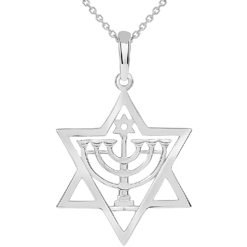 women gold plated necklaces -Solid 14k White Gold Jewish Star of David with Menorah Pendant Necklace