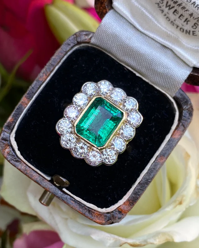 women pearl rings -Victorian Style Emerald and Diamond Cluster Ring 18ct Yellow Gold 1.75ct + 3.20ct