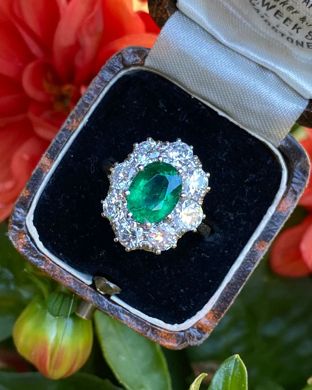 women luxury engagement rings -Victorian Style Emerald and Diamond Cluster Ring 18ct Yellow Gold 1.90ct + 2.02ct