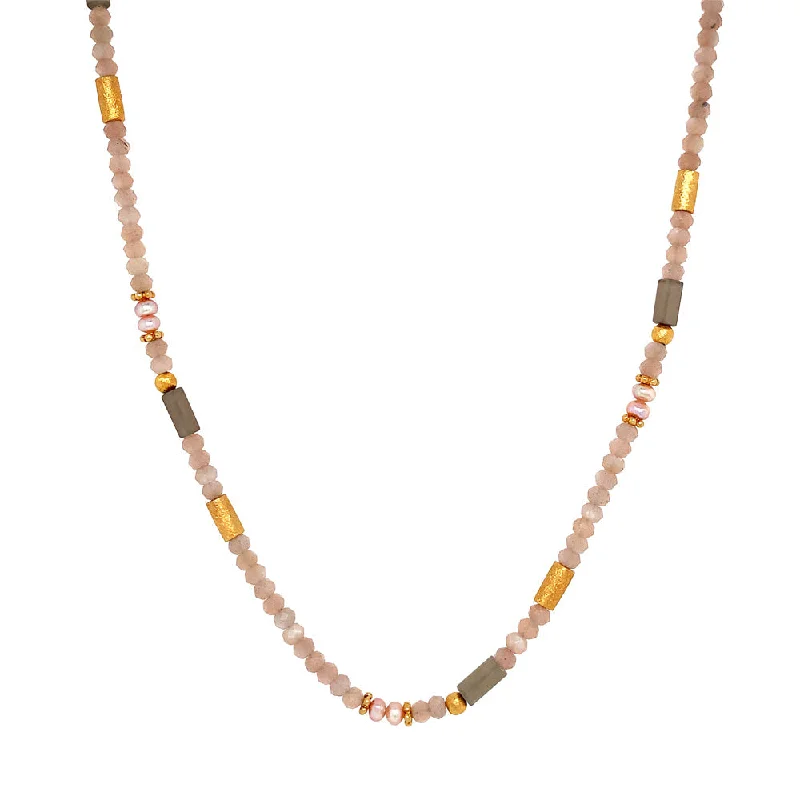 women classic gold necklaces -Gold Vermeil and Peach Moonstone Beaded Necklace- "Peaches and Cream"