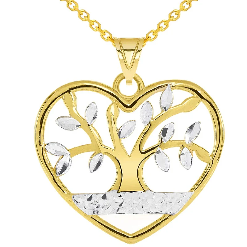 women gold necklaces -14k Gold Textured Heart Shaped Two Tone Tree of Life Pendant Necklace - Yellow Gold